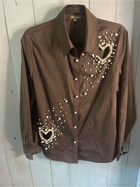 Kiwi Club Black Embellished Button-Down Shirt - Heart Pearl & Rhinestone Detail